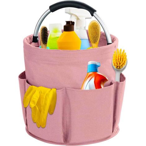 Panier de Nettoyage avec Poignée, Étanches Pliable Rangement Produits Menagers, Panier Menage avec Poignée et 6 Compartiments, pour Jardin, Salle de Bain, Intérieur, Rose (1/5)