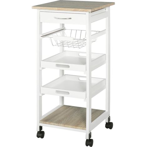 Chariot de service desserte de cuisine à roulettes panier + 2 plateaux amovibles, tiroir, étagère MDF chêne clair bois pin blanc