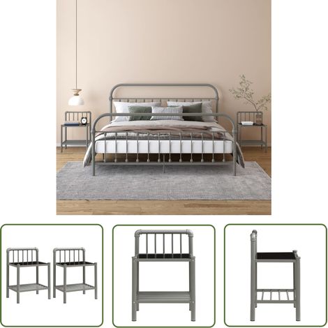 The Living Store Nachttische 2 Stk. Grau und Schwarz Metall und Glas - Nachttische - Wohnzimmer Dekoration - Metall Möbel - Glas Tisch - Grau Schwarz (1/5)