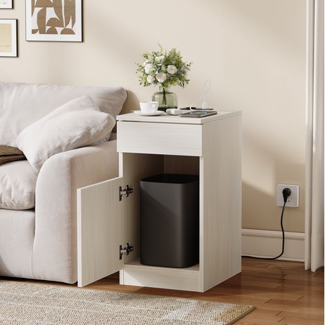 Mesita de noche 33x40x61.5 cm, con USB A, USB C y enchufe AC, cajón y cubo de basura incluido, MDF blanco (1/5)