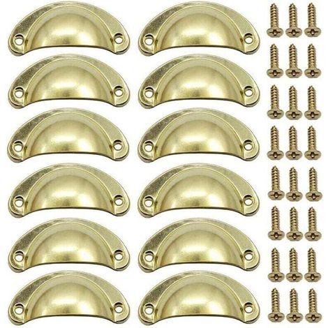 Lot de 12 poignées de porte rétro en forme de coquillage, dorées, 82 mm, avec vis.