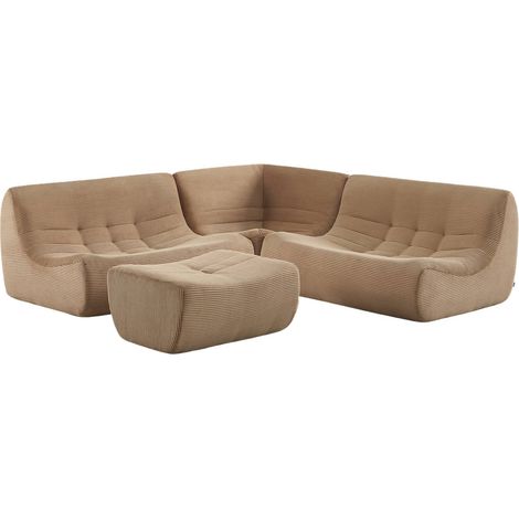 sweeek - Modulares 5-Sitzer Ecksofa mit 5 Cordbezug und Hocker, Cord, Dunkelbeige