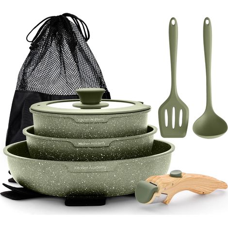10 x Induction Cookware Set Non-Stick Frying Pan and Saucepan with Removable Granite Handle (1/5)