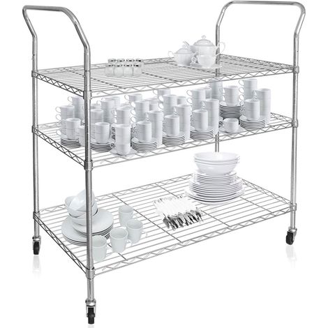 Casa Pura – Chariot de cuisine 3 étagères en métal chromé – 4 roulettes pivotantes – Dimensions 103x45x103,5 cm – 2 poignées pour service (1/5)