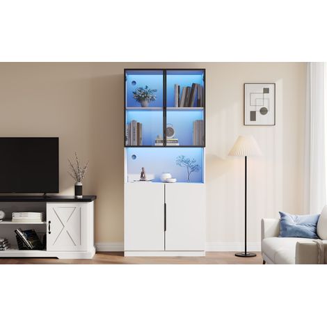 Vitrine moderne et minimaliste, avec des portes en verre. Vitrine équipée de lumières LED. Étagère pour les livres de collectionneurs. dimensions : 8030200 cm. Couleur : blanc. (1/5)