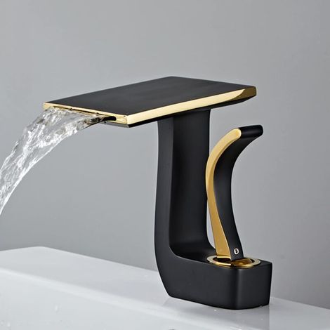 Wasserfall-Waschtischarmatur, Warm- und Kaltwasserhahn, Waschtischmischbatterie, Einhebel-Waschtischarmatur, Messing (Schwarz + Gold) MUMU (1/4)