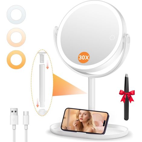 Miroir Grossissant Lumineux Rechargeable 1X/30X, Blanc (1/5)