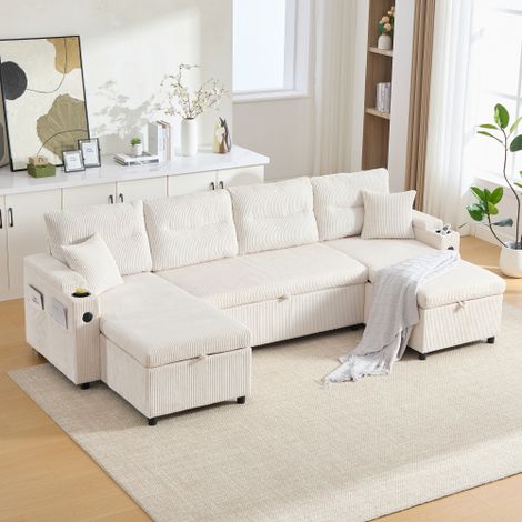 Canapé droit U 4 places modulable beige avec port USB, canapé convertible avec rangement et porte-gobelets, tissu lin (1/5)