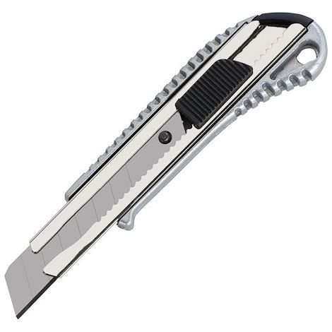 Cutter professionnel 18 mm pour coupe précise – Lame acier inoxydable – Corps métal strié avec grip caoutchouc antiglisse (1/2)