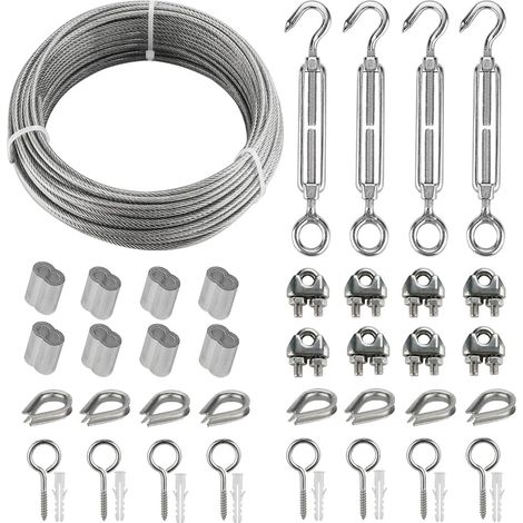 Steel Cable 3 mm - 20 m Stainless Steel Rope Kit Includes PVC Stainless Steel Cable with M5 and U Bolt Wire Clip Bolt Wire Rope Clip, Eye Screw and Heart Lug, Cable Hanging Kit (1/5)