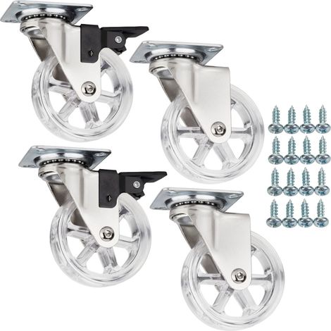 SOTECH Set Möbelrollen RAPID Ø 75 mm transparent 2 x mit und 2 x ohne Bremse (Feststeller) inkl. Schraubenset Belastbarkeit bis 140 kg (35 kg pro Transportrolle) (1/5)