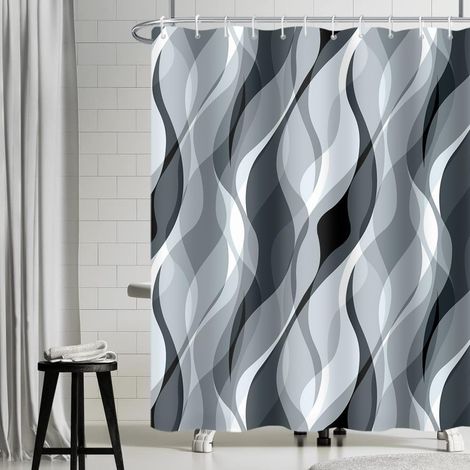 Rideau Douche Anti Moisissure, Rideau de Douche Gris Abstrait Rayures Bleu Rayé Rideaux de Baignoire Tissu Imperméable Lavable Polyester Rideaux Salle de Bain avec 12 Crochets 200x180cm (1/5)