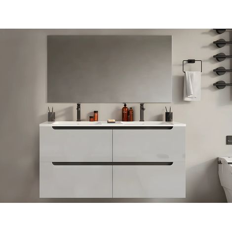Vente-Unique – Meuble sous vasque suspendu 120 cm – Double vasque à encastrer en céramique – 4 tiroirs soft close – MDF laqué blanc (1/5)