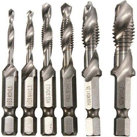 Gewindebohrer-Set, 6-teilig, HSS-Kombinationsbohrer-Set, Sechskantschaft-Short-Silver