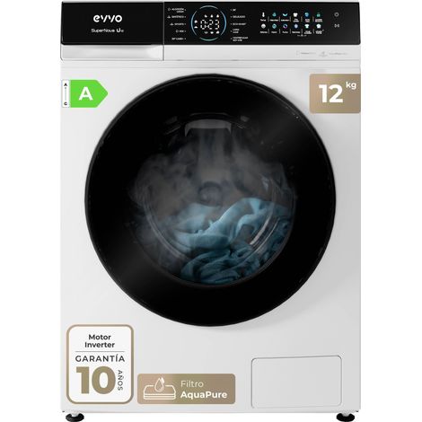 EVVO Lavadora 12 kg Supernova U12, 1350 rpm, Clase A, Motor Inverter, 14 programas, Vapor Steam Wash, Smart LOAD, lavado rápido, blanco (1/5)