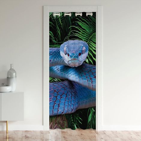 Rideau de Porte Serpent 86x203 cm, Rideau Occultant Serpent Bleu, Rideau de Porte Reptile 3D Écailles Bleues, Rideau de Placard À Feuilles de Palmier pour Enfants Garçons, 1 Panneau - 86L X 203H cm (1 (1/5)