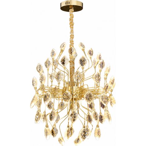 Suspension LED en cristal dorée Ø50 cm, design feuille, 3 couleurs de lumière, hauteur réglable, luxe-designleuchte