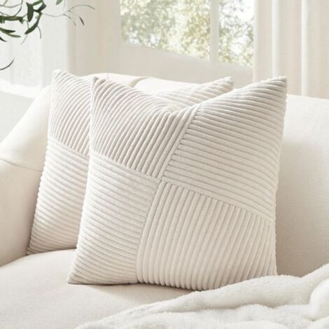 Housse Coussin 40x40 Crème Blanc en Velours Côtelé Super Doux, Lot de 2 Housse Coussin Decoratif Canape Motif à Rayures Patchwork Decoration Maison Salon Chambre pour Canapé Bohème Art déco (1/5)