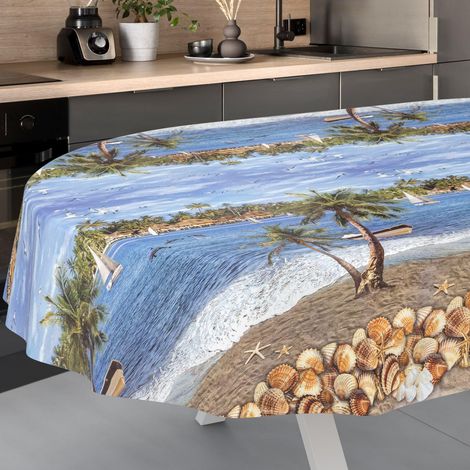 Nappe en Toile cirée, Lavable, pour Table de Jardin, extérieur, intérieur, Ovale, 240 x 140 cm, Bord coupé, Vacances (1/5)