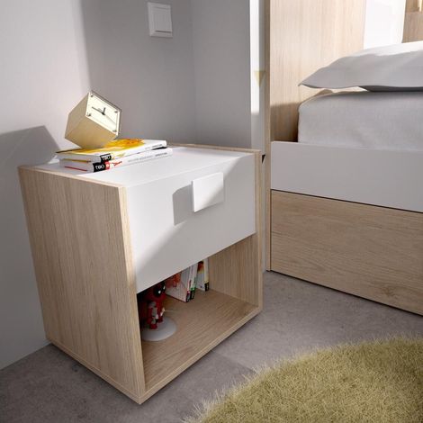 Table de chevet - 1 tiroir et 1 niche - Coloris : Naturel et blanc - SONIA (1/5)
