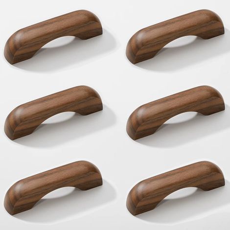 Lot de 6 poignées de meuble en bois noyer, poignées de tiroir en arc avec vis, entraxe 64 mm, pour placards de cuisine et tiroirs (1/5)