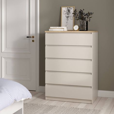 Dmora - Cómoda Piccilli, cajonera multifuncional con 5 cajones, cómoda elegante para dormitorio, 77x50 h111 cm, Beige (1/5)