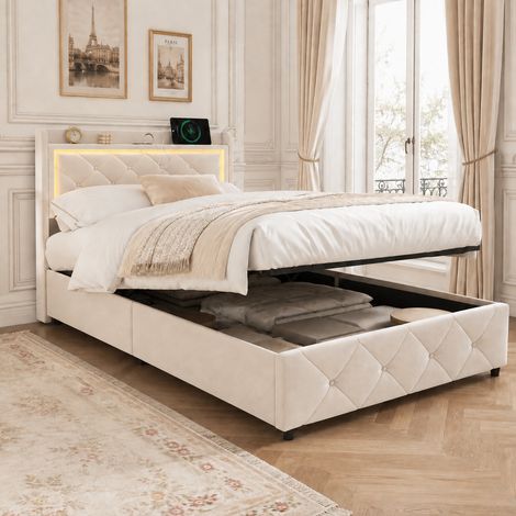Lit coffre 90x200 cm, tête de lit avec rangement, Lit moderne avec ports de charge USB Type-C et LED RGB, Tissu velours, Beige (1/5)
