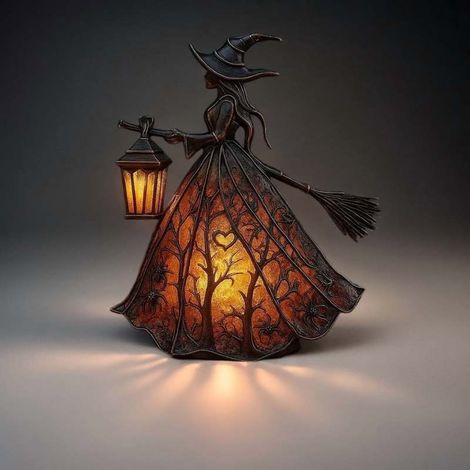 Lampe de sorcière d'Halloween - Figurine gothique effrayante de 18 cm tenant une lanterne - Veilleuse sur pied pour la décoration de la maison, du porche ou d'une fête (1/4)