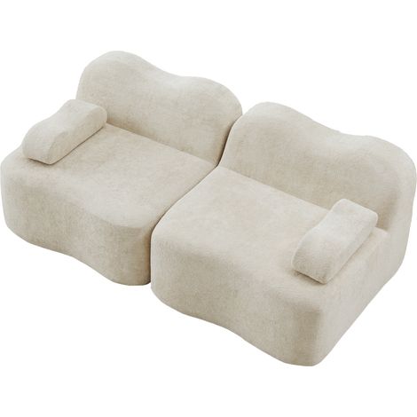 Canapé modulaire sans armature 2 places, forme ondulée, coussins d’assise profonds, coussin d’accoudoir mobile, pour salon et appartement, aucun montage requis, beige (1/5)