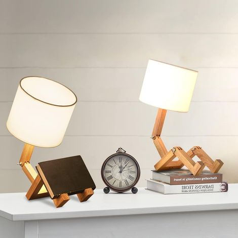 Set of 2 Robot Bedside Lamps, Creative Desk Lamps for Bedroom, Adjustable Wooden Body, Living Room DIY Table Lamp E27 with Fabric Shade, Decorative Modern Interior Lighting (1/5)