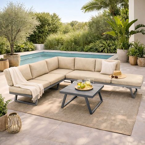Salon de jardin 6 places modulable en aluminium gris et beige