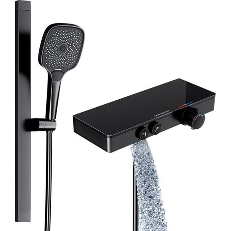Colonne de douche thermostatique avec mitigeur – Douchette à main 3 jets – Barre en aluminium 600 mm – Plateau en verre noir mat 36x14 cm (1/5)