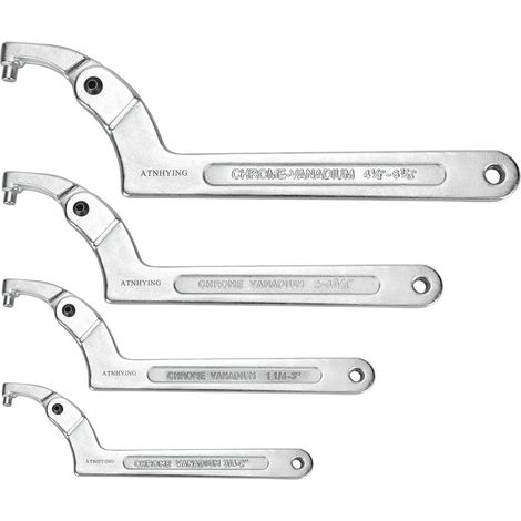 Juego de 4 llaves fijas de boca abierta, llave fija ajustable en forma de C con extremo de gancho, adecuada para máquinas, vehículos y equipos mecánicos, cabeza redonda (4 piezas con cabeza redonda).