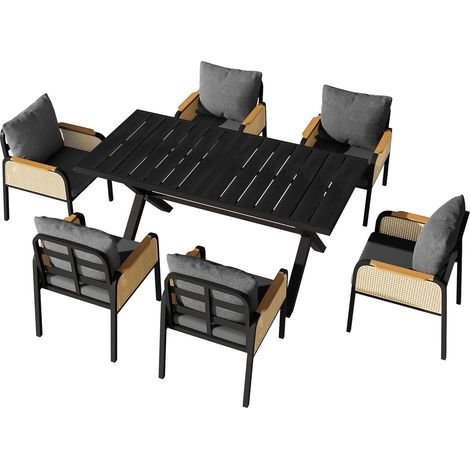 Conjunto de jardín moderno de 1 mesa y 6 sillas con estructura de hierro y cojines (1/5)