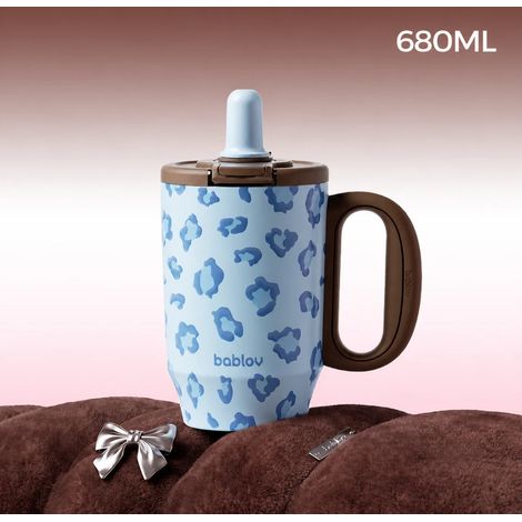 Isolierter Kaffeebecher Auslaufsicherer Becher mit Strohhalm, großes Fassungsvermögen und hübsches Design für Frauen – ideal für Büro, Getränke und Reisen, Dunkelblau (1/5)
