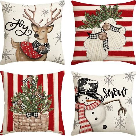 Set mit 4 dekorativen Winterkissenbezügen – Schneemann- und Rentier-Motive – 45 x 45 cm – Für das Wohnzimmer – Rot