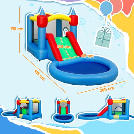 AIYAPLAY Château Gonflable 4-en-1 – Toboggan, Trampoline, Piscine à Balles, Panier Basket – 3 Enfants – 3-8 Ans – Souffleur 370W Inclus