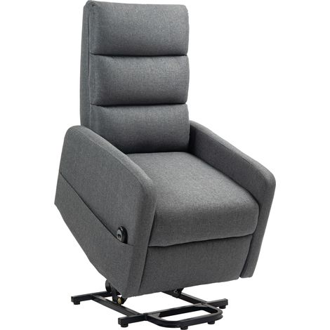 Fauteuil relax électrique avec aide à la levée, télécommande, mousse douce, poche latérale, revêtement effet lin, de couleur grise.