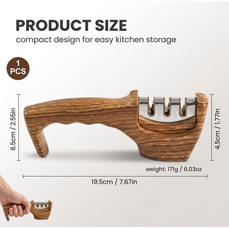Afilador de cuchillos profesional [3 en 1 con elegante acabado de madera] - Afilador manual con tecnología de diamante, acero y cerámica - Apto para cuchillos de cocina, carne y multiusos. (1/5)