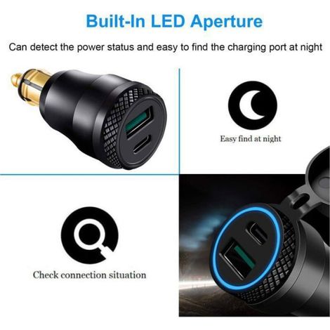 Adaptateur allume-cigare USB Double prise - Boîtier noir - Lumière bleue - Charge rapide (1/4)