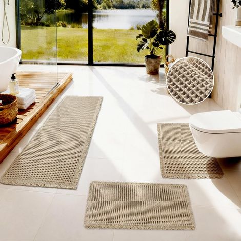Tapis de Bain antidérapant, Absorbant, Lavable en Machine,Ensemble de Tapis décoratifs 3 pièces,Convient pour Salle de Douche, Chambre, Salon, 1 pièce 121x50cm+2 pièces 61x43cm, Kaki (1/5)