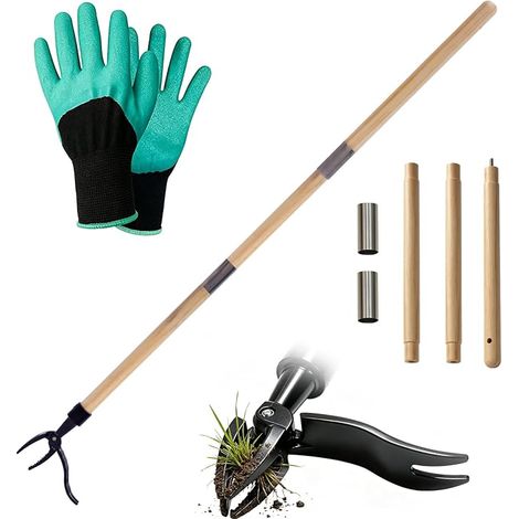 Manual Weeder, 1.2 m Dandelion Puller 4 Metal Claws and Pedal Bamboo Handle Weeder Standing Garden Weeder Garden Tool Gardening Tool