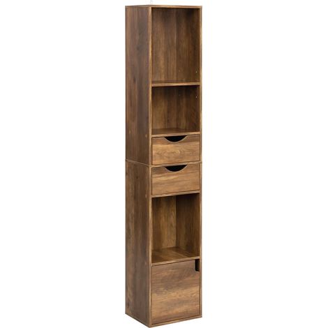 Librería alta y estrecha de madera ingenierizada marrón, 157,5 cm, con 2 cajones y puerta (1/5)