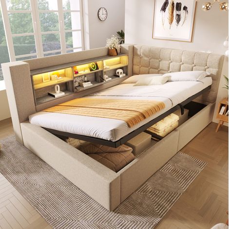 letto contenitore 140x190 con LED USB beige salvaspazio HAVRYA (1/5)