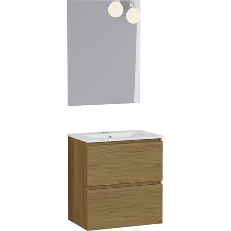 Ensemble de Meubles de Salle de Bain Onyx Profondeur 46 cm Meuble de Salle de Bain monté 60 cm, 2 tiroirs, Suspendu au Mur, Finition chêne Vinda avec lavabo en céramique et Miroir (1/5)