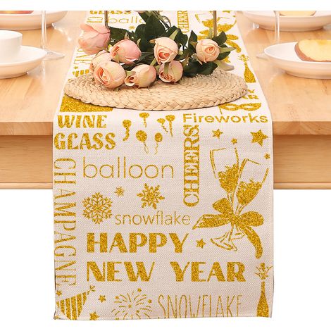 Chemin de table "Joyeux Réveillon du Nouvel An", écharpe noire et dorée pour votre cuisine, décoration festive pour salle à manger