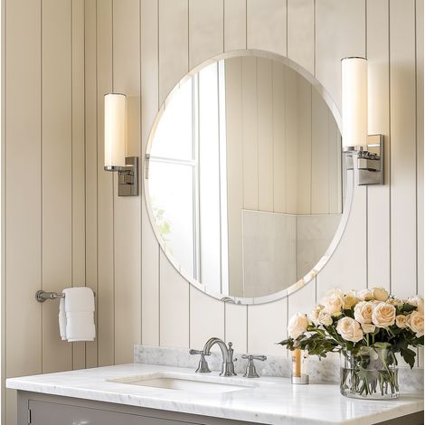 Round Bathroom Mirror Wall Mounted Modern Stylish Design with Contemporary Bevelled Edges - 80cm (1/5)