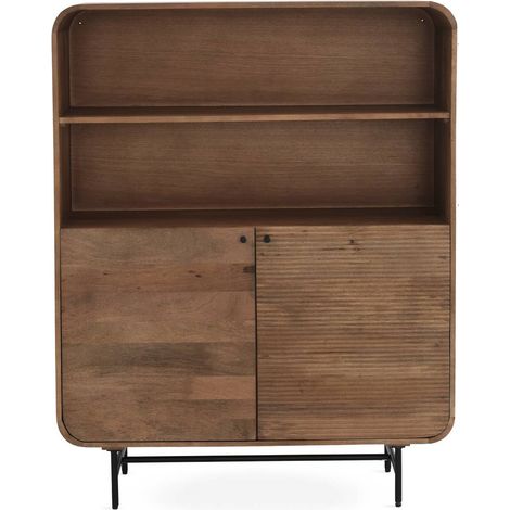 Hohes Sideboard mit geschwungenen Konturen, 2 Türen aus massivem Mangoholz, schwarze Metallbeine (1/5)