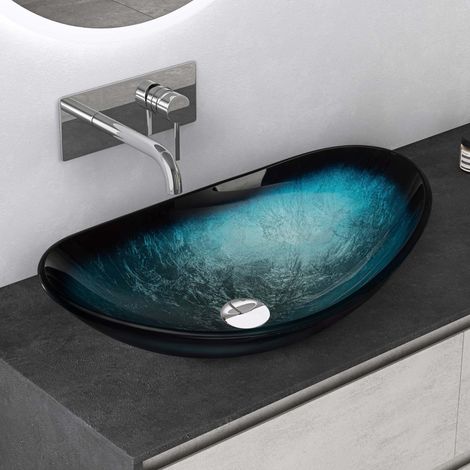 Mai & Mai Lavabo Blu in Vetro, Lavabo da Appoggio 53,5x35,5x16cm, Lavandino Bagno da Appoggio in Vetro Temperato Ovale Minerva08 (1/5)