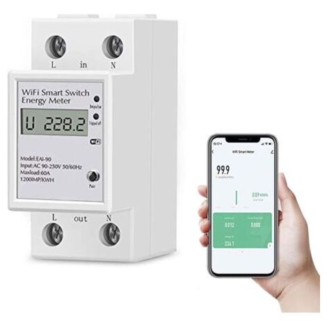 Compteur d'Énergie Numérique Monophasé AC 63A 220V WiFi Compteur électrique Monophase Wattmètre à Rail DIN Mesure Consommation Electrique, Disjoncteur, Convient à la Maison, l'appartement (1/5)